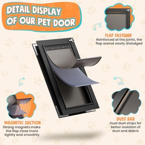 Aluminum 3-Flaps Large Dog Door for Door, Pets Up to 110 lb, Black