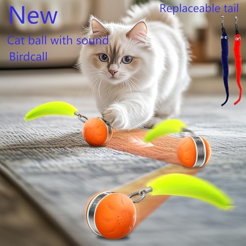 Interactive Cat Toy Ball Automatic Interactive Cat Toys for Indoor Cats with 3 Tails Birdsong 3 Modes Newly Upgraded Speedy 2.0 Tail Cat Toys for Kitten/Medium/Large Cats to Keep Them Busy(Orange)