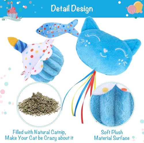 BINGPET Cat Birthday Decorations Outfit, 5 Pcs Catnip Toys for Indoor Cats