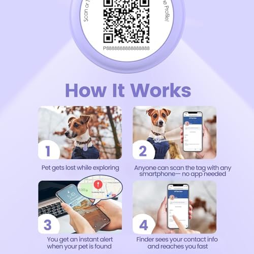 Dog ID Tag with QR Code & NFC, Silent Silicone Dog Name Tags Personalized for Pets- Scan QR for Instant Location Alert, Emergency Contact and Modifiable Pet Profile (Purple)