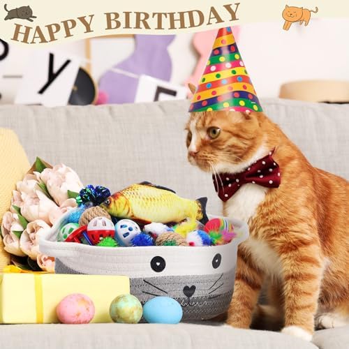 Zopeal 58 Pcs Summer Cat Storage Basket Gift Toys Set, Colorful Flashing Balls Pet Bell Crinkle Balls Spring Toys Attract Cat to Swat, Hunt, Interactive for Pet(Multicolor,9.8 Inch)