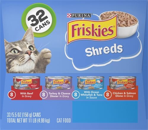 Friskies Purina Gravy Wet Cat Food Variety Pack, Savory Shreds with Beef, Turkey and Cheese Dinner, Chicken & Salmon Dinner, with Ocean Whitefish & Tuna - 5.5 oz. Cans (Pack of 64)