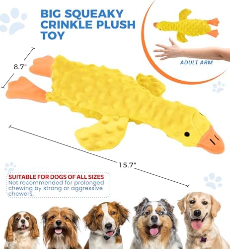 Squeaky Plush Dog Toy for All Breeds, Multifunctional Goose Dog Toy with Honking Sound, Crinkle Paper, Treat Pocket, Durable Soft Stuffed Animal for Chewing, Cuddling, Interactive Play (Yellow)