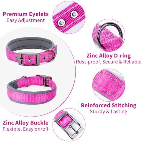 Segarty Reflective Pink Dog Collar Girl for Dogs Neck 14.5-18.9in, Adjustable Wide Soft Comfortable Breathable Neoprene Padded Nylon Collar with Heavy Duty Metal Buckle for Medium Small Breeds (M)