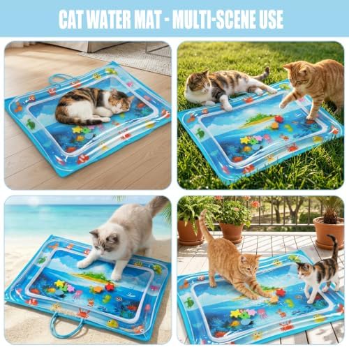 Cat Water Mat with Protective Bag, Scratch Resistant Thickened PVC Water Play Mat, Summer Cooling Interactive Water Filled Mat, Portable Foldable Paw Proof Cat Toy Mat for Indoor Outdoor (B)