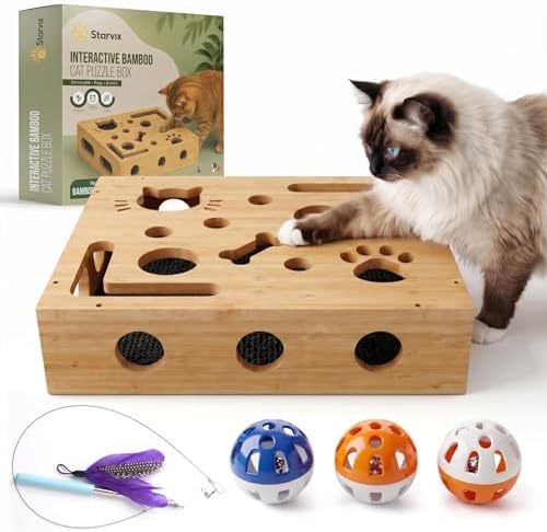 Bamboo Cat Scratch Puzzle Enrichment Box, Interactive Cat Nail File Box with Sandpaper, 3 Bell Balls & Teaser Wand, Durable Eco-Friendly Scratcher Toy for Indoor Cats, Stress-Free Nail Filing