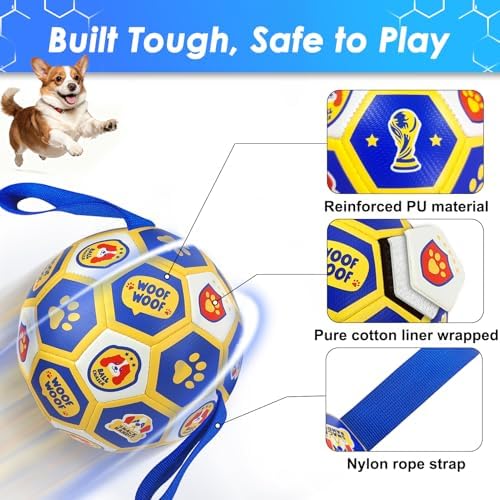 Vivifying Dog World Cup Soccer Ball Toy, 7 Inch Floatable Interactive Dog Toy for Medium Large Dogs, Durable PU Enrichment Ball with Nylon Straps for Outdoor Fetch, Training & Playing