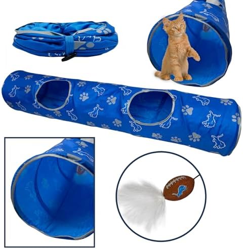 NFL Detroit Lions Cat Tunnel Tube Toy with Plush Football Catnip and Feathers Collapsible Tunnel for Cats to Play, Peek and Hide, Sporty & Fun Cat Tunnel Toy with Team Logo All-Over Design!