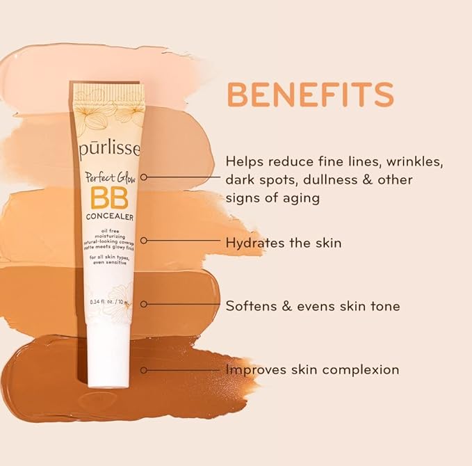 pūrlisse Perfect Glow BB Cream Concealer - Hydrating Under Eye Concealer with Jasmine and Goji & Hawthorn Berry - Oil Free Makeup for Dark Circles, Redness & Fine Lines - Light (0.34 oz)