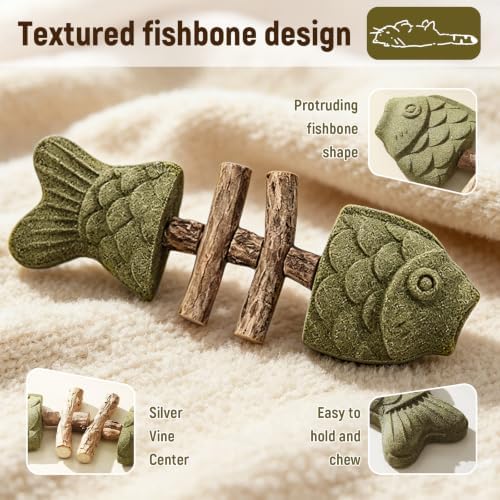 3 PCS Catnip and Silvervine Chew - Natural Catnip & Silvervine Teeth Cleaning Stick, Fishbone-Shaped Cat Dental Toy for Chewing, Licking, Pawing, Boredom Relief & Enrichment for Cats