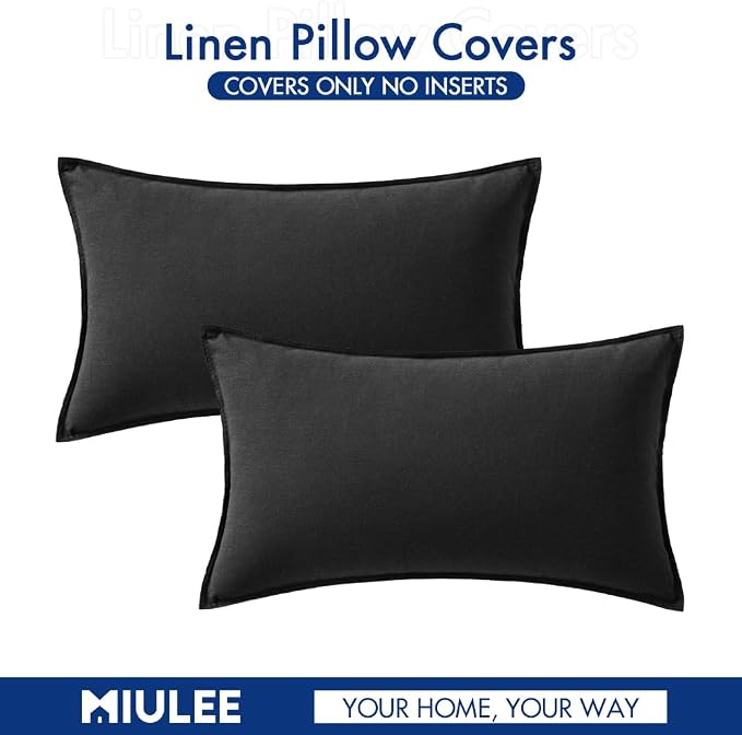 MIULEE Lumbar Decorative Linen Pillow Covers 12x20 Inch Black | Pack of 2 Boho Farmhouse Modern Accent Throw Pillows, Soft Neutral Cushion Covers, Home Decor for Sofa Couch Bed Living Room