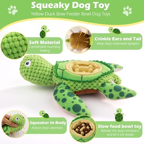 Interactive Dog Toy, Green Turtle Plush with Slow Feeder Bowl, Squeaky Chew Toy