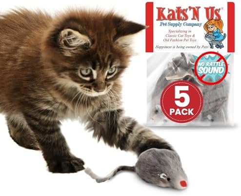 Kats'N Us 2 Inch Real Rabbit Fur Non-Rattle Mouse Cat Toys (5, Hard Body Gray)