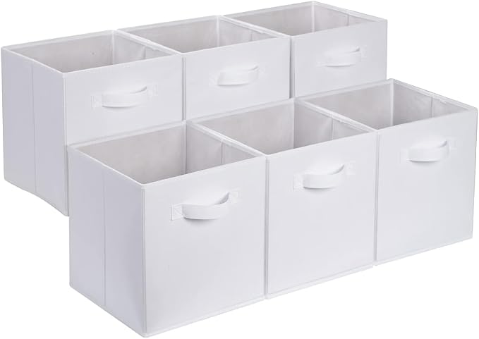 Amazon Basics Collapsible Fabric Storage Cubes Organizer with Handles,Sturdy,White,10.5-x-10.5-x-11-inch,6 Count (Pack of 5)
