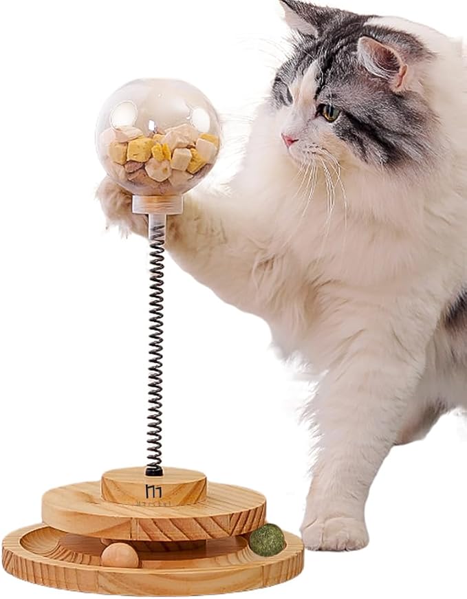 Marchul Cat Puzzle Feeder, Interactive Cat Toy with Treat Dispenser & Roller Track Ball, Wooden Slow Feeder Ball for Indoor Cats, 3-in-1 Food Puzzle Toy for Mental Stimulation