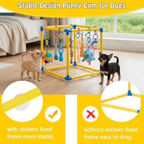 Puppy Play Gym with 8 Hanging Toys, Small Dogs Indoor Jungle Playground, PVC Frame with Suction Cups Interactive Enrichment Activity Center
