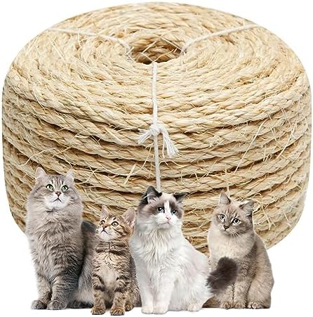 Natural Sisal Rope 1/4 Inch by 65-Feet for Cat Scratching Post Tree Tower Replacement Repair and Replace, DIY Hemp Twine Rope for Kittens Shelves Furniture Window Bed Perch Hammock cave, 6mm by 20m