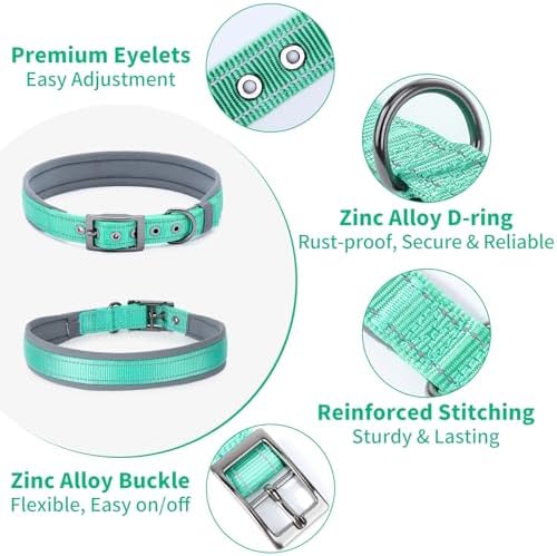 Segarty Reflective Green Dog Collar, Adjustable Wide Soft Comfortable Breathable Neoprene Padded Nylon Collar with Heavy Duty Metal Buckle for Extra Large Breeds (XL, Green)