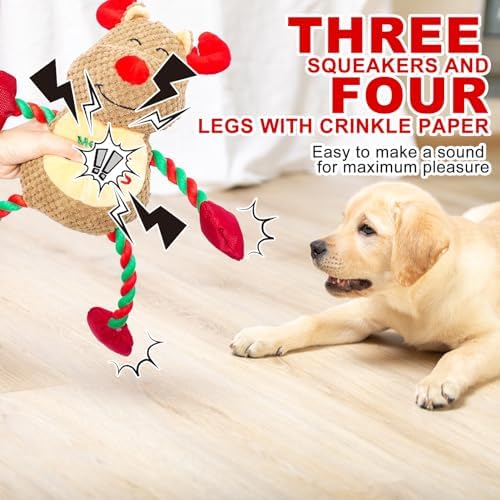 EXPAWLORER Christmas Dog Squeaky Toys - Interactive Reindeer Stuffed Plush Dog Toy with Squeakers Crinkle Paper, Chew Rope Toys for Puppy Small Medium Large Dogs