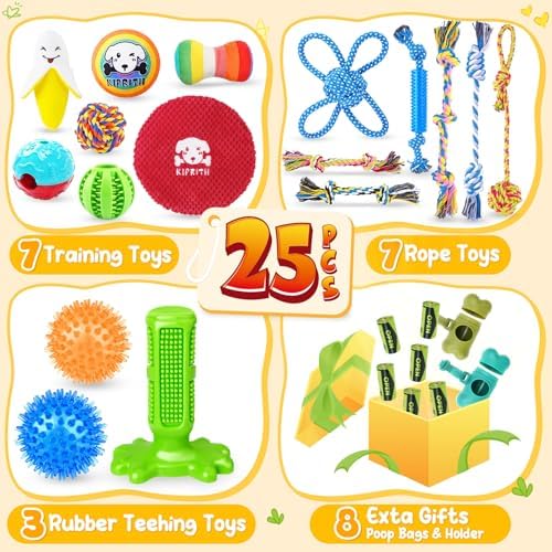 KIPRITII 25 Pack Dog Toys Set – Ideal for Teething, Entertainment & Interactive Play, Includes Puppy Toys, Rope Toys, Treat Balls and Squeaky Dog Toys