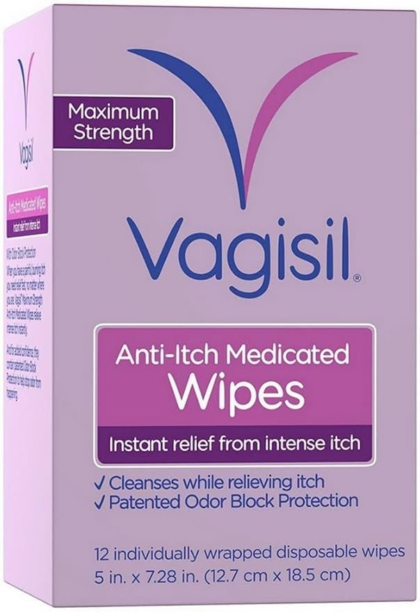 Vagisil Anti-Itch Medicated Feminine Intimate Wipes for Women, Maximum Strength, Gynecologist Tested, 12 Wipes (Pack of 1)