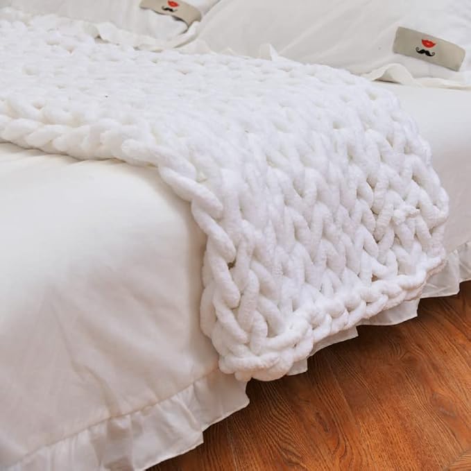 Soft Chunky Knit Throw Blanket for Couch, Cozy Warm Knitted Blankets | Hand Knit with Jumbo Chenille, Lightweight Warm Fluffy Decor for Women, Mom, Her & Girls, Sofa, Chair, Bed, 40"×40" (White)