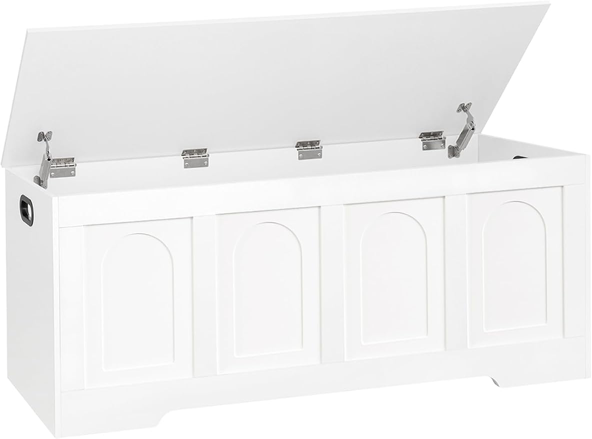 Storage Chest, Wooden Toy Box, White 47.2" L | Entryway Shoe Bench, 2 Soft-close Hinges, Finger-safe Flip-Top Lid, Easy Assembly, Farmhouse Large Trunk, Living Room/Bedroom