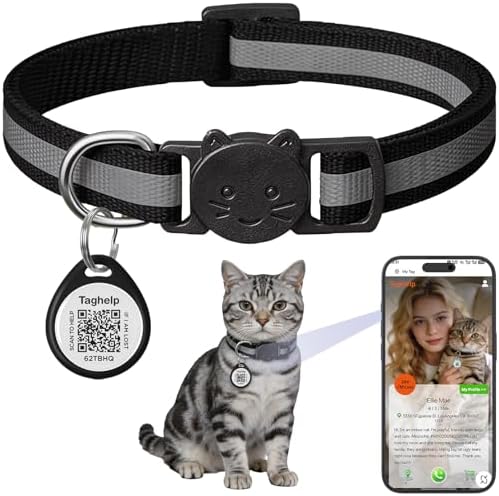 Reflective Cat Collar Breakaway with QR Code Tag for Girl Boy cat Name tag Kitten Collars with Bell Cat ID Tag Personalized Real-time scan alerts, No Subscription or fees(Black)