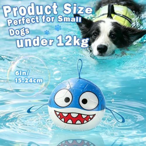 Vivifying Dog Soccer Ball, 6 Inch Inflatable Shark Dog Toy with Nylon Grab Tabs, Reinforced PU Interactive Fetch and Tug Ball for Small Dogs, Blue and White