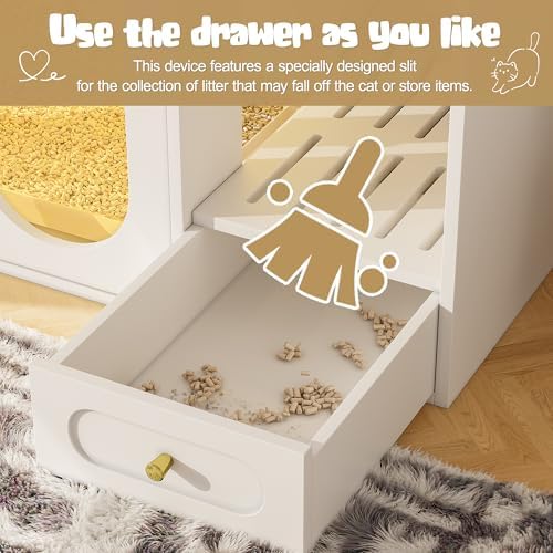 Cat Litter Box Enclosure with LED Light, Hidden Litter Box Cabinet with Storage Drawers, Acrylic Doors, Indoor Pet House, Fits Most Litter Boxes, Multi-Entry Design, End Table for Living Room, White