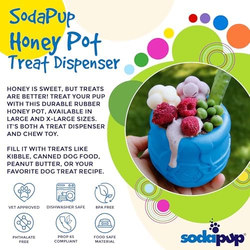 SodaPup Honey Pot – Durable Dog Treat Dispenser & Enrichment Toy Made in USA from Non-Toxic, Pet Safe, Food Safe Natural Rubber Material for Mental Stimulation, Problem Chewing, Calming Nerves, & More
