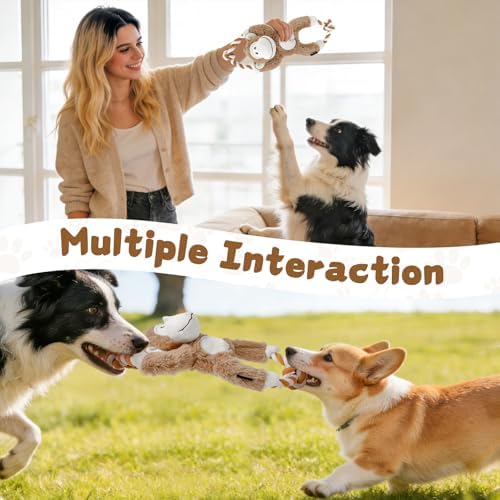 Squeaky Dog Plush Toys No Stuffing Interactive Puppy Chew Toys to Keep Them Busy, Durable Tug of War Dog Toys for Small, Medium and Large Breed - Monkey