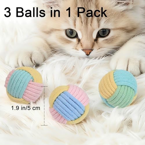Cat Toys Balls with Bell Inside, 2-Inch Soft Interactive Chew Toys for Indoor Cats & Kittens, Colorful Rope Balls with Crinkle Sound for Chasing Play and Dental Health, 3 Pcs