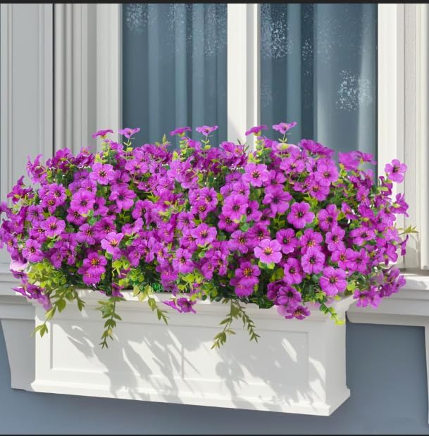 24 Pcs Artificial Flowers for Outdoors Decorations, Purple | Lifelike silk flowers, UV resistant, faux plastic plants, for garden porch window table vase home indoor outdoor decor