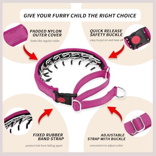 No Pull Martingale Dog Collar for Large Medium Small Dogs, Heavy Duty Nylon Reflective Adjustable Anti Pull Slip Collar with Buckle for Training Walking L Hot Pink