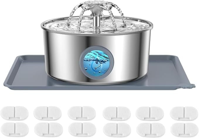 Cat Water Fountain, 3.2L 108Oz Stainless Steel Pet Fountain, 12 Filters | Stainless steel cat fountain, dishwasher safe with triple filtration, quiet pump and visible water window for cats and dogs.