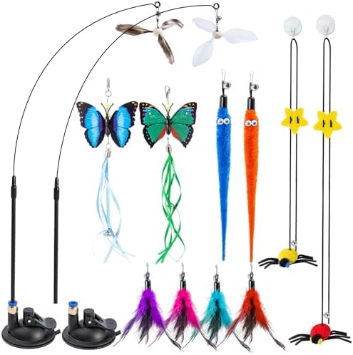 3-in-1 Cat Wand Toys,12Pcs Interactive Cat Feather Toys for Indoor Self Play & Exercise,2 Reusable Strong Suction Cups,2 Hanging Spider Toys for Kitten