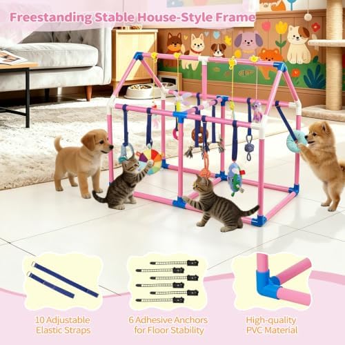 Liitrton Puppy Play Gym for Small Dogs & Kittens, Large PVC Pink Frame