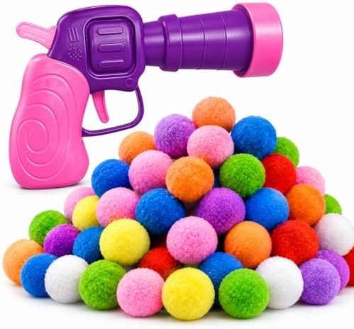 Cat Fetch Toy Launcher with 50 Colorful Pom Pom Balls, Cat Balls Fetch Toy Interactive Manual Thrower for Cats, Funny Cat Toy Gun for Bored Indoor, Pink and Purple (13 cm)