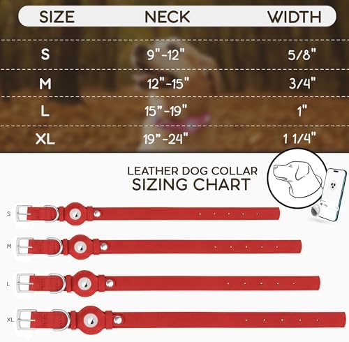 Leather Dog Collar with Airtag Holder - Apple Air Tag Dog Collars - Soft Tracking GPS Pet Collar for Small Medium Large Dogs Breed Puppy (Red, M, 12"-15" Neck Fit)