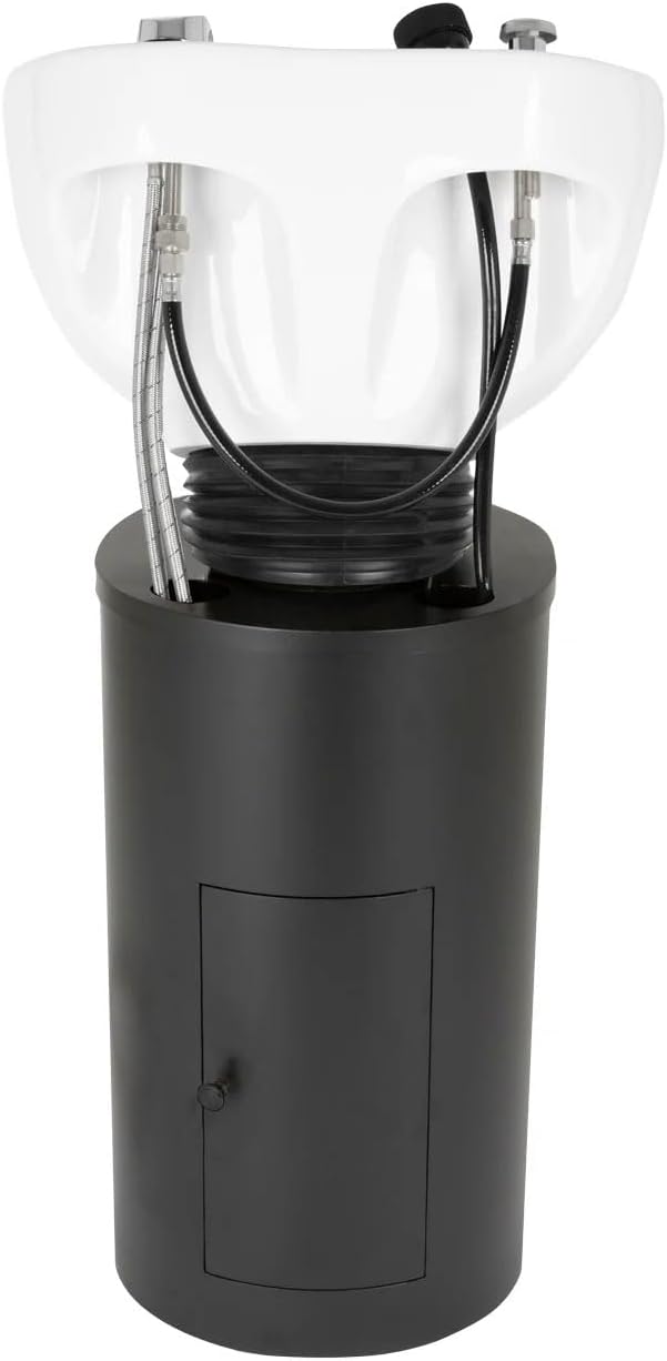 Buy-Rite Paris Pedestal Shampoo Unit with Black Metal Base with Tilting Porcelain Shampoo Bowl, Easy Access Rear Plumbing Door, NIN-030BLACKBASE-WHT (White Bowl)
