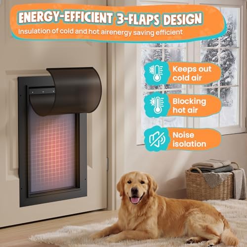 Aluminum 3-Flaps Large Dog Door for Door, Pets Up to 110 lb, Black