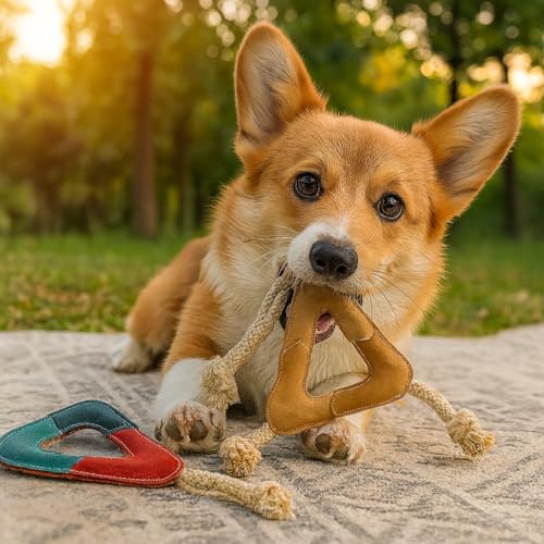 Triangle Shape Natural Suede Leather Dog Chew Toy with Strong Rope Knots, Interactive Tug and Play Toy for Medium to Large Dogs, Durable Daily Use (Pack of 2)