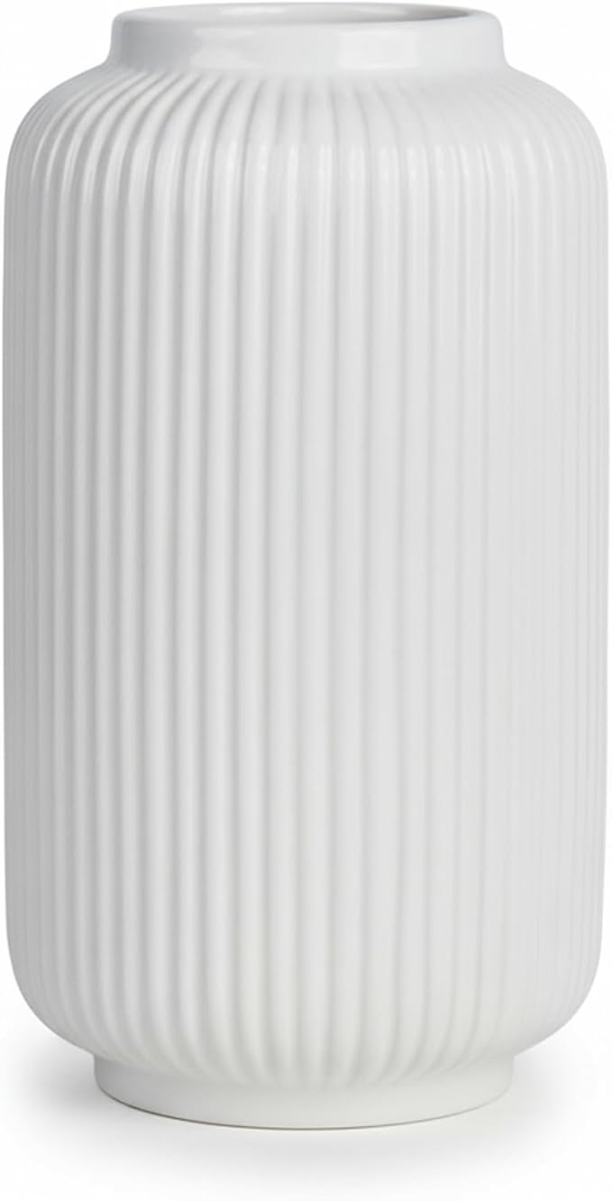 White Ceramic Vase, 8 Inch Ribbed Flower Vase for Bouquet and Pampas Grass, Modern Wide Mouth Decorative Vase for Dining Table, Kitchen Shelf, Wedding Centerpiece