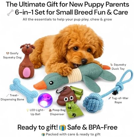 Puppy Toys for Small Dogs - 7 Pack Durable Chew and Teething Toys with Squeaky Plush, Interactive Dog Toys, LED Ball & Poop Bag Dispenser for Toy Breeds & Puppies Under 15 Lbs