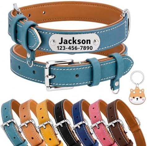 Personalized Genuine Leather Dog Collar with Name Phone Number-Sky Blue-XS
