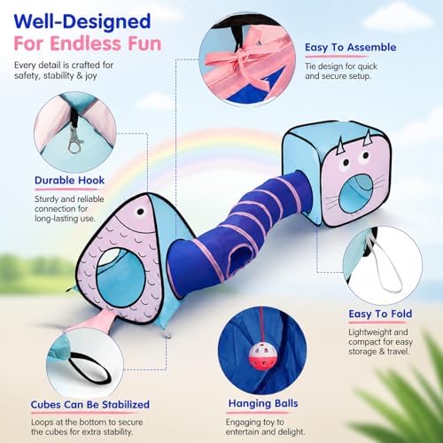 Rypet Cat Toy Tunnel and Cubes Bundle, Play Tubes for Indoor Cats, Blue