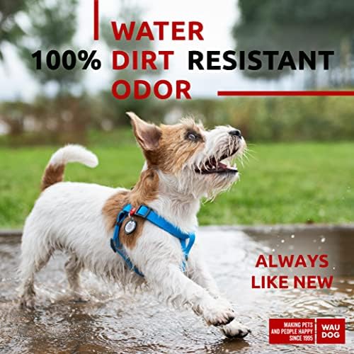 WAUDOG Waterproof Dog Harness - Adjustable, Heavy Duty with Durable Metal Clasp & QR Dog Tag - Modern Style for Medium Dogs - Blue, Size S: 16-22"