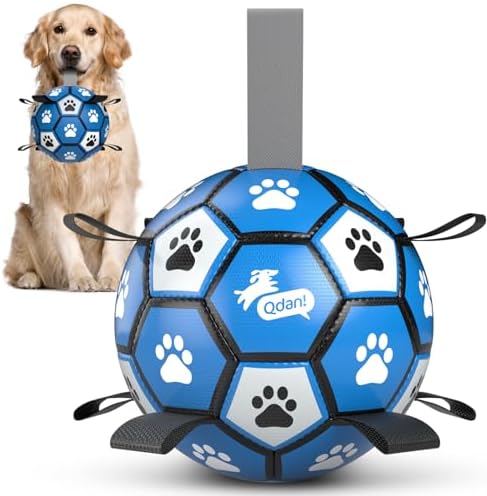 QDAN Dog Ropes Toys, Soccer Ball with Straps, Tug of Toy, Dog Birthday Toy