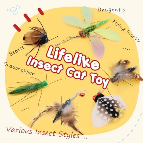 SONGWAY Cat Toy Wand Attachments - 6 Pieces Realistic Cat Bug Toy, Cat Feather Toy Refills, Interactive Flying Bug Dragonfly Cat Toys for Indoor Cats Kittens